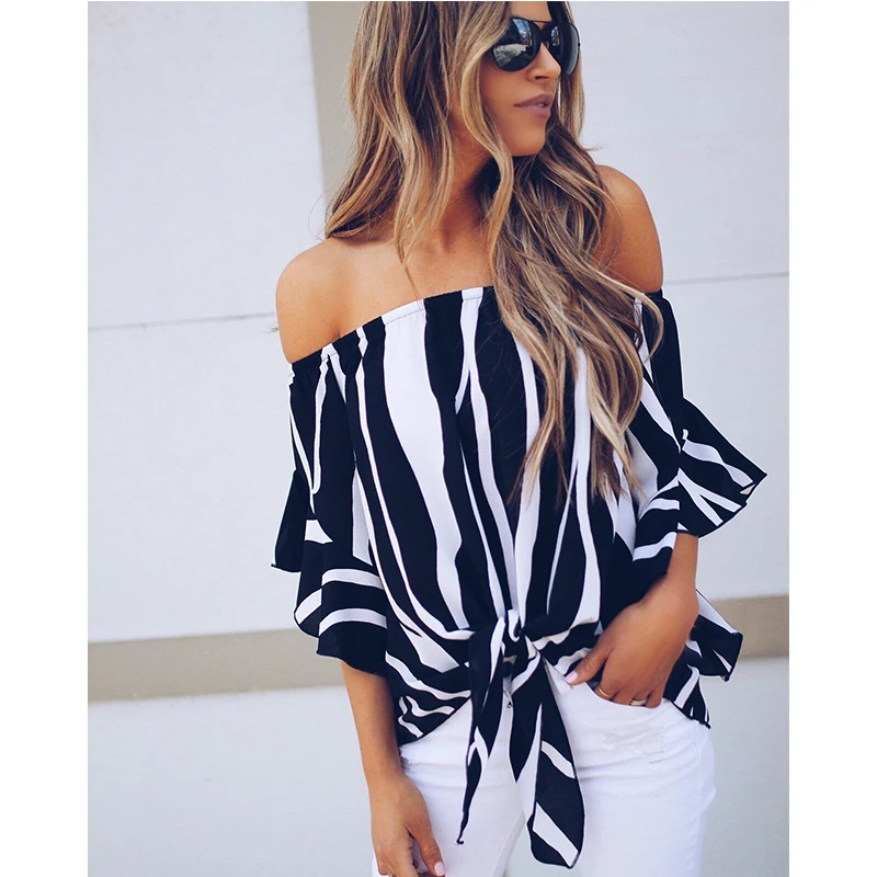 

Summer Blouse 2019 Women Half Sleeve Off Shoulder Blousa Vintage Striped Print Tops Fashion Office Ladies Work Wear Shirt H30