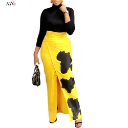 Африканская Женская юбка Повседневная универсальная Элегантный принт половина разрезная юбка желтый модный принт дикая Офисная Женская