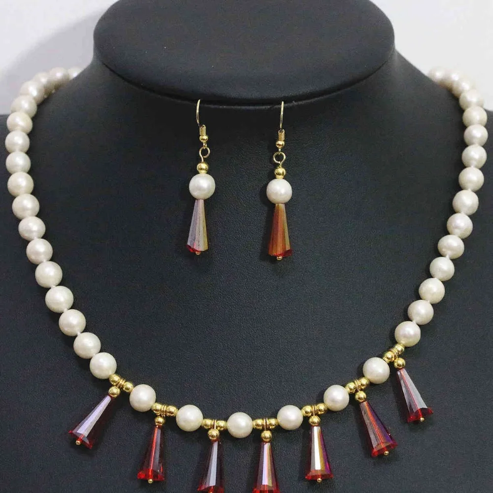 Natural White Freshwater Cultured 7 8mm Pearl Necklace Earrings Set Natural White Freshwater Cultured 7 8mm Pearl Necklace Earrings Set Gold Color Teardrop Crystal Beads Jewelry 1427 In Sets From
