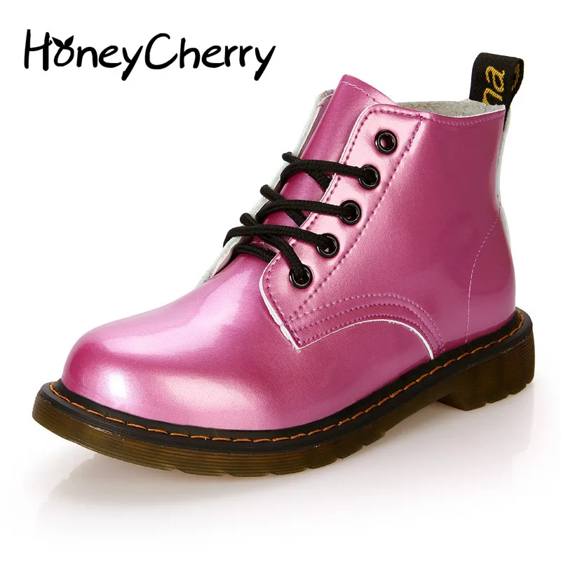 Beste 2018 Nieuwe Herfst Britse Student Lakleer Enkele Laarzen Martin Laarzen Korte Laarzen Ronde Kop Kant vrouwen Laarzen, schoenen
