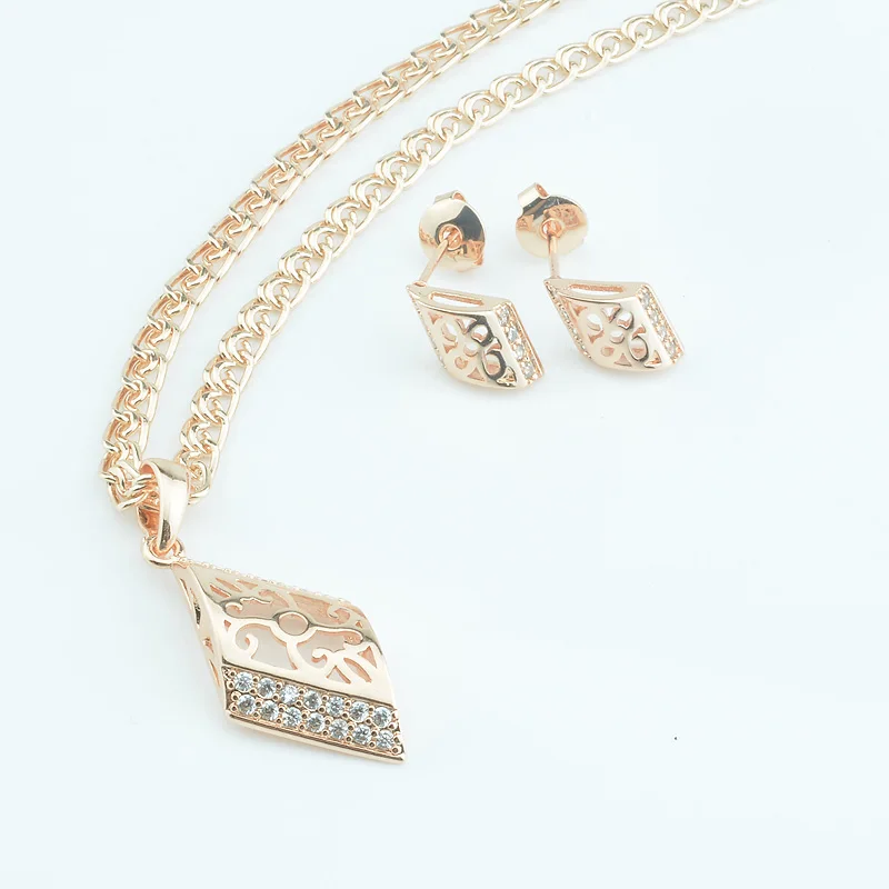 

FJ Women 585 Rose Gold Color Hollow Flowers Shaped Clear White Cubic Pendant Earrings+ Optional Chains Necklace
