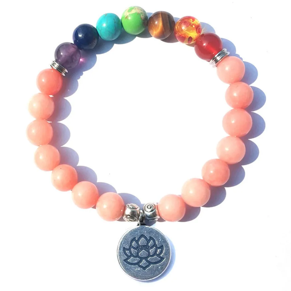 

DIEZI Multi Color 7 Chakra Pink Sun Stone Bracelets Lotus Buddha Charm Strand Bracelet Natural 8mm Beads Bracelet For Women Men