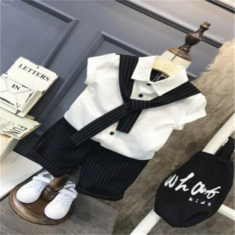 

Summer Fashion Newborn Toddler Baby Boys Kids Gentleman Outfits Set Suit Tops Tie Shirt Striped Pants Set Clothes 6M-7Y