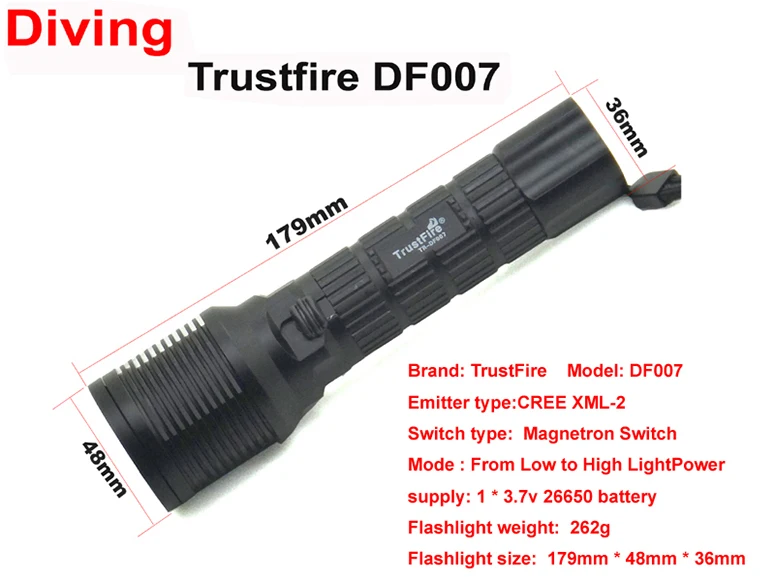 Водонепроницаемый DF007 Дайвинг фонарик XML-2 магнетронного переключатель подводный светодиодный свет без батареи