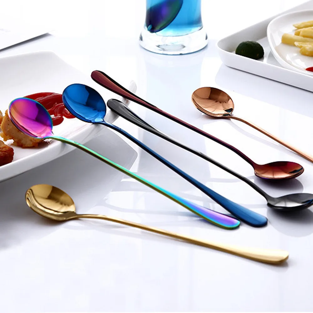 

Colorful Spoon Long Handle Spoons Stainless steel Flatware Coffee Drinking Tools Kitchen Gadget Spoon#X
