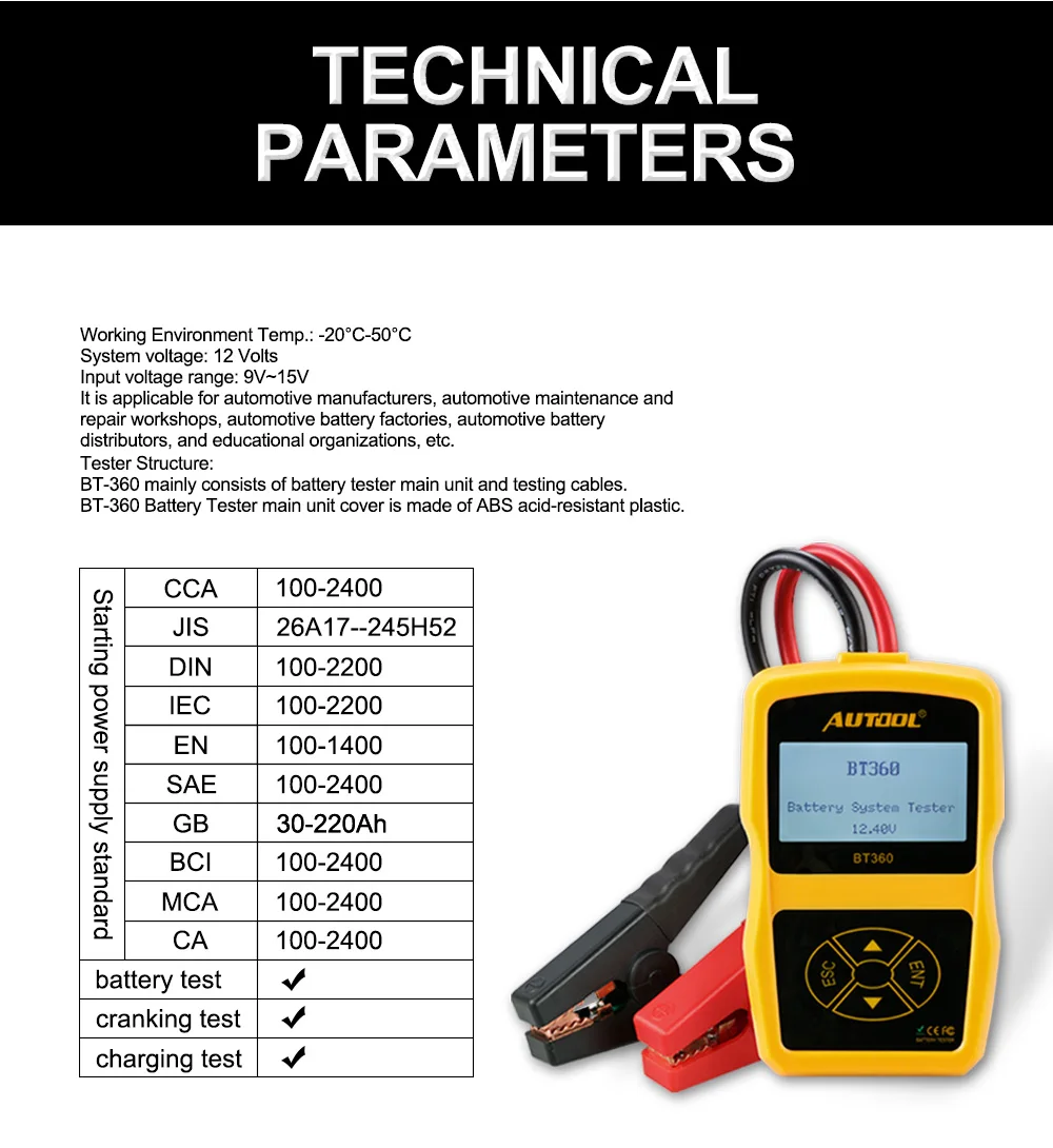 AUTOOL BT360 12 В автомобиля батарея тесты er цифровой авто тесты анализатор CCA сканер автомобиля батареи сгибать зарядки средства диагностики