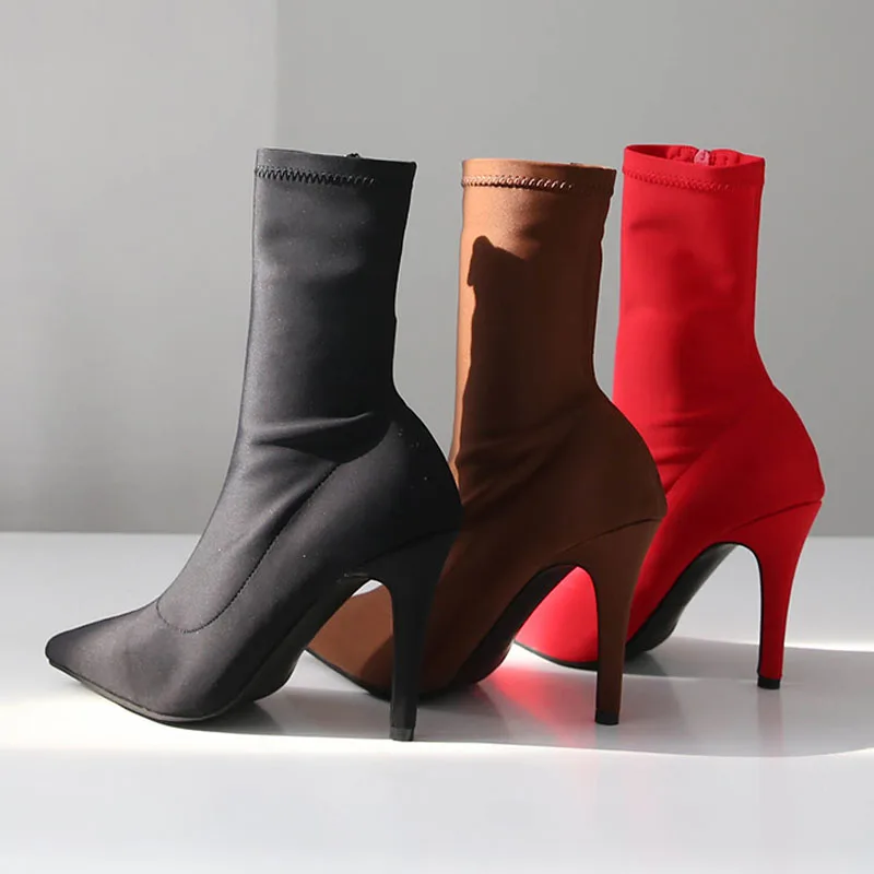 Stretch socks Female boots Knitted socks Skinny boots Fine heel Mid boots Booties Women's pointed autumn and winter bare boots