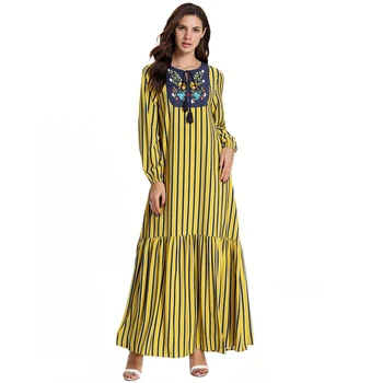

Vestidos Muslim Women Embroidery Maxi Dress Plus Size Striped Long Dubai Kaftan Burqa Abaya Robes Arabic Casual Islamic Dresses