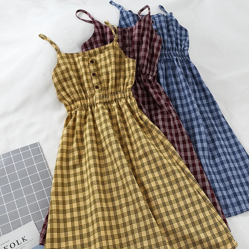 

Summer Women Vintage Pleated Plaid Spaghetti Strap Dress Sundress Mori Girls Slim High Waist Preppy Style Strappy Dress Vestidos