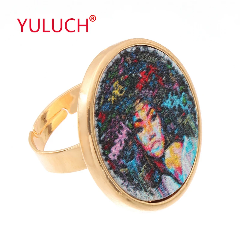 

YULUCH New design alloy inlaid wooden painted printing personality girl popular ring for fashion woman wedding jewelry gift