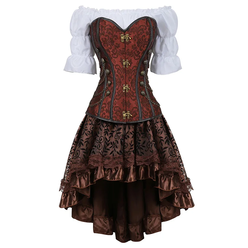 Женское роскошное бюстье, корсет, Дворцовый банкет, костюмы на Хэллоуин, Ренессанс, средневековая одежда, комплект из 3 предметов, черный, коричневый, 2837-3 - Цвет: Brown
