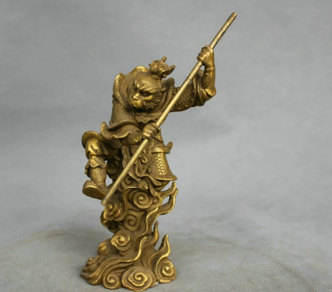 

8'' China Myth Bronze Sun Wukong Monkey King Hold Stick Fighting Statue R0713