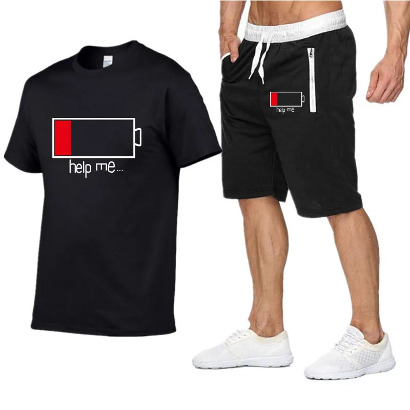 

Summer brand special offer funny charging fitness men's T-shirt suit + shorts two-piece sports suit male 2019 casual Tshirt suit