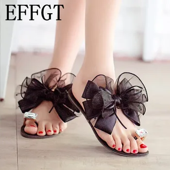 

EFFGT New Women Sandals Ladies Summer bowknot Slippers Shoes flat Slipper Fashion Rhinestone 2019 summer Women shoes