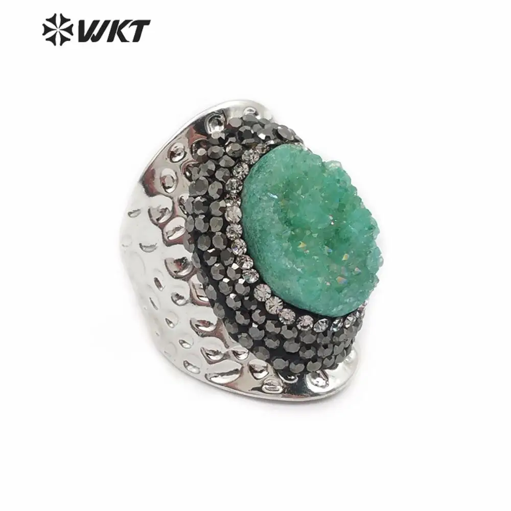 

WT-RR029 Aura Quartz Ring Green White Pink Color Quartz With Rhinestone Pave Ring Women Silver Ring Jewelry
