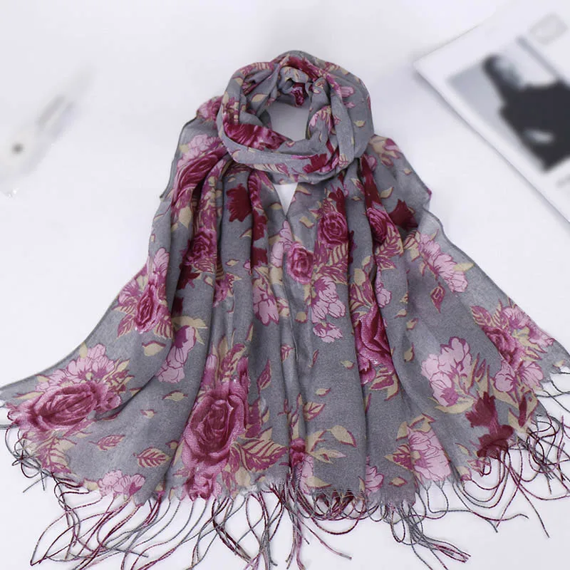 

Hot-selling fashion mixed cotton printing tassels lady scarf headscarf peony flower headscarf VS134