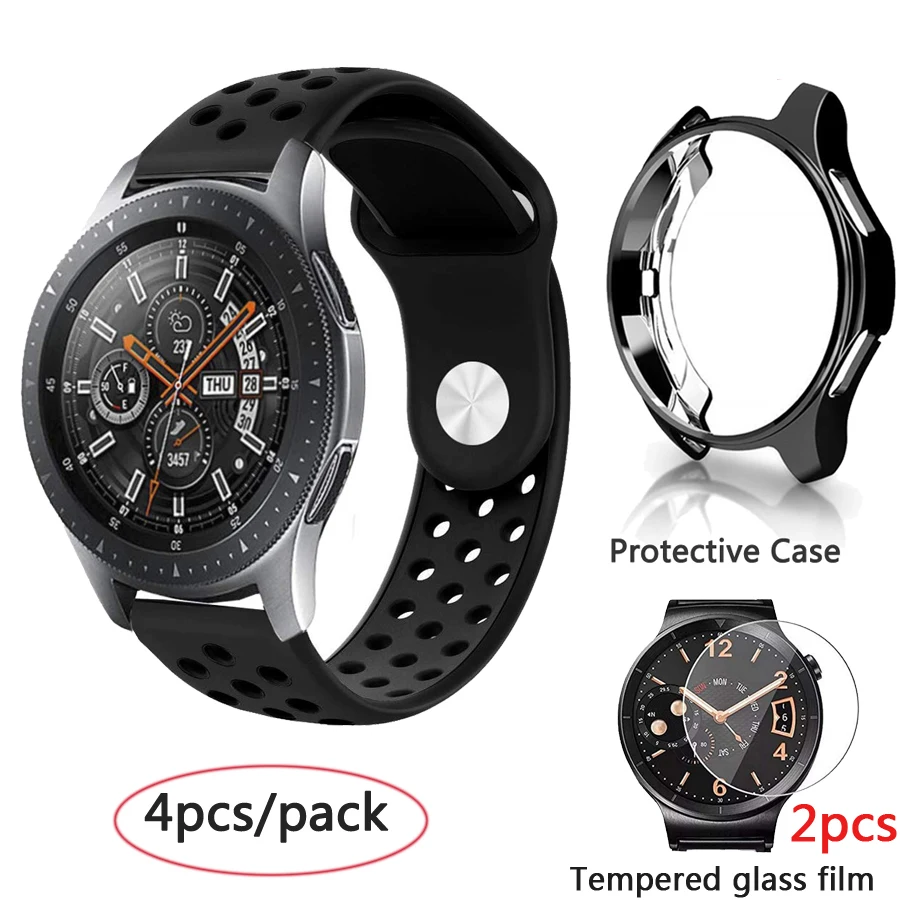 

4in1 Silicone Watch band+protector case+Tempered glass film for Samsung galaxy watch 42 46mm watch strap Protect Case glass film