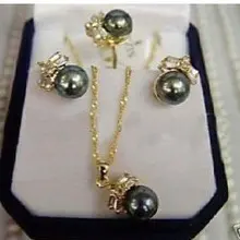 Высококачественные ювелирные изделия женские прекрасные серьги с черным жемчугом ожерелье кулон набор Мода AKOYA ювелирные изделия слово серебро-ювелирные изделия