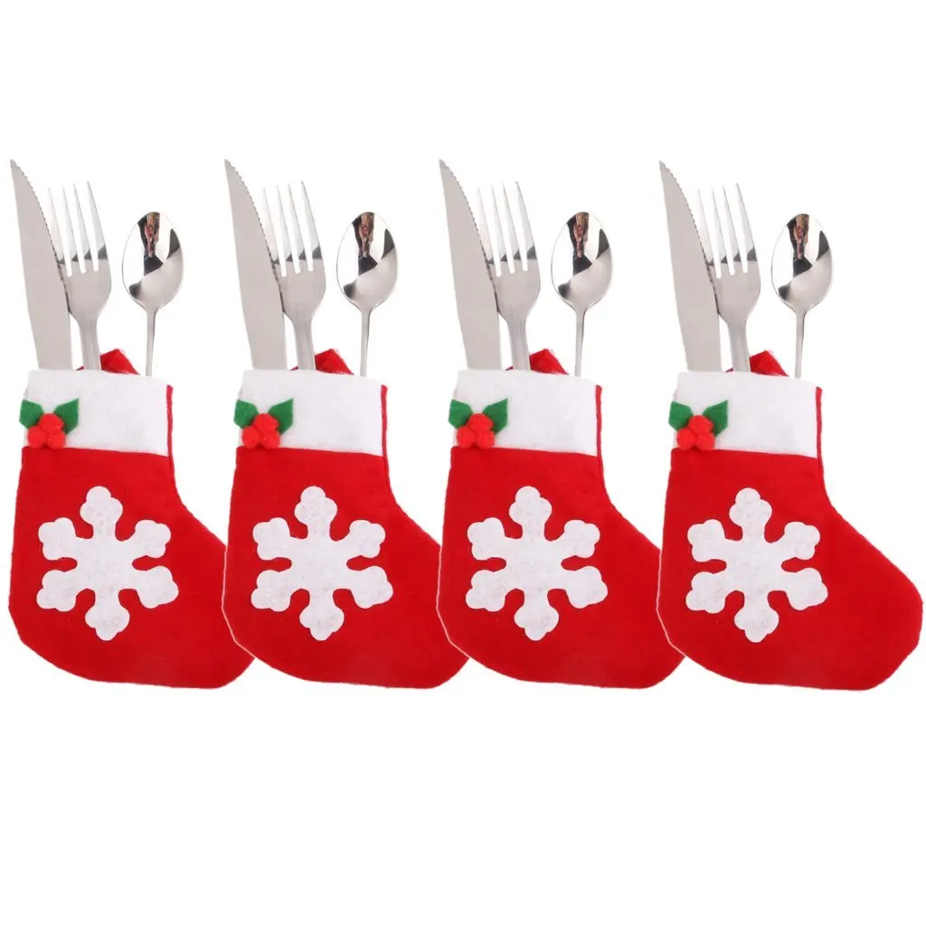 

4 pcs Christmas Snowflake Stockings Tableware cover Silverware Cutlery decor