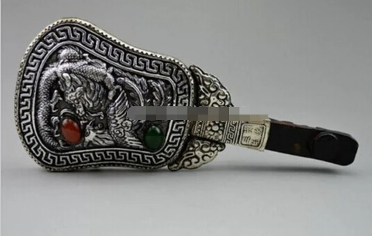 

B0602 503 Vintage Tibetan silver Metal crafts,handmade carved dragon hand mirror statue