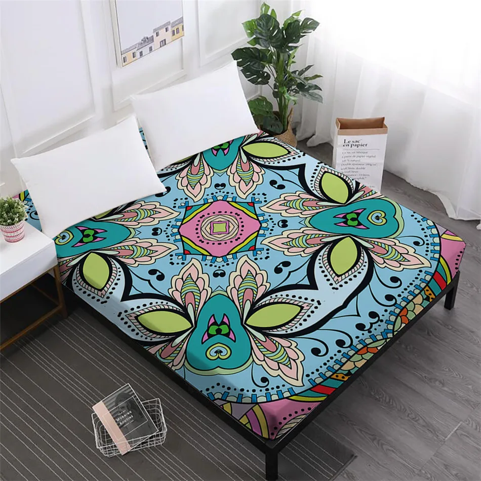 

Patchwork Bed Sheet Colorful Geometric Print Fitted Sheet Striped Mattress Cover Elastic Band D25