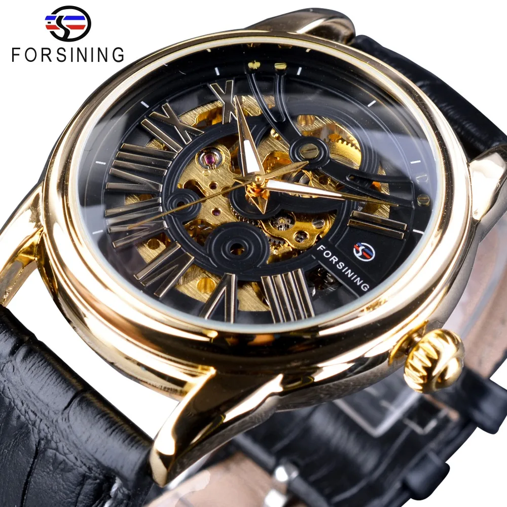 Vente Forsining Officiel Exclusif Vente Ceinture En Cuir De Conception de Mode Romain Design Moderne Mens Automatique Squelette Montre Top Marque De Luxe