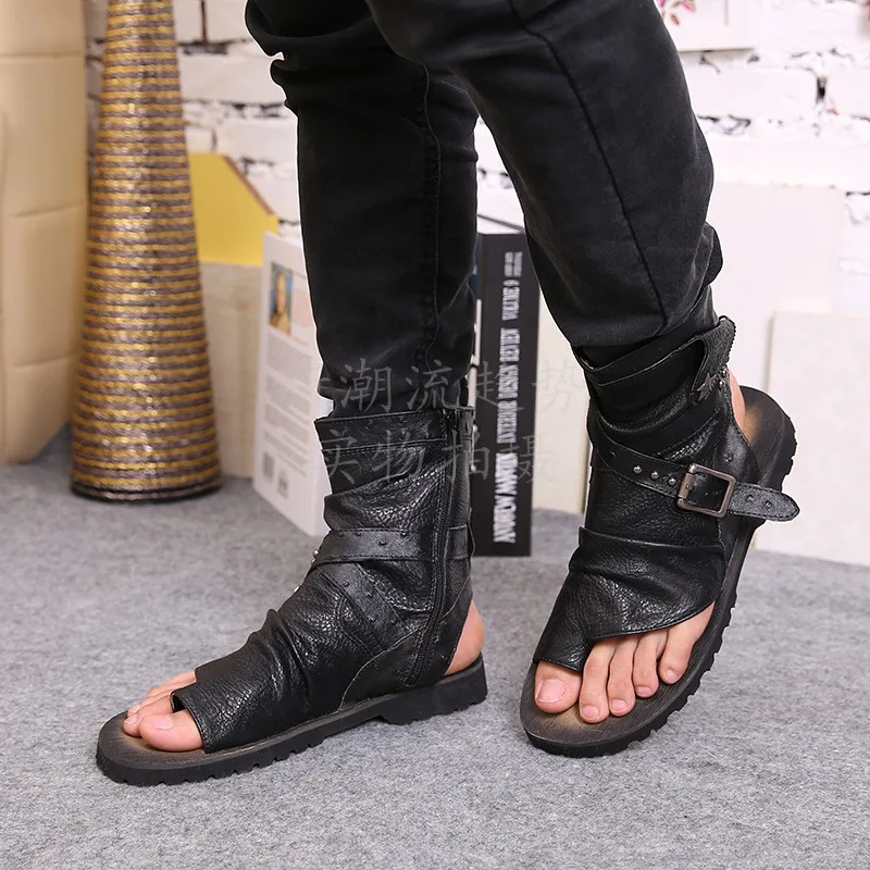 

Gladiator Sandalias Hombre Black White Gold Summer Shoes Flat Casual Tong Beach Sandal Clip Toes Ankle Boots Leather Sandals Men