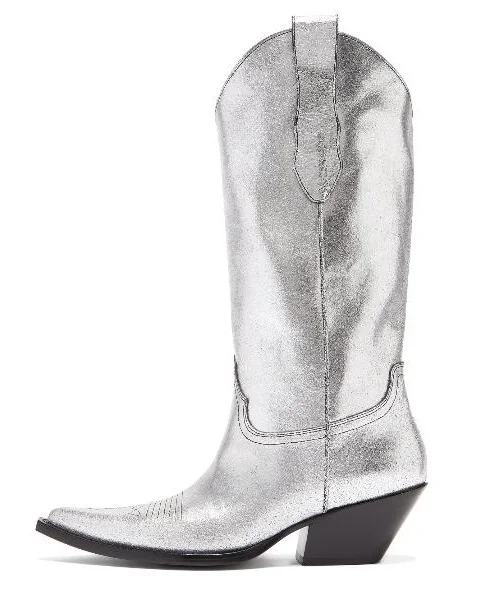 

Women Fashion Pointed Toe Boots Silver Leather Spike Heel Mid Calf Autumn Winter Short Gladiator Boots Drop ship strange heel