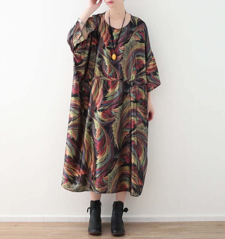 

2018 Spring Plus Size Vintage Chiffon Drawstring Maxi Dress Women Retro Printed Printed Batwing Sleeve Beach Dress Robe Big Size
