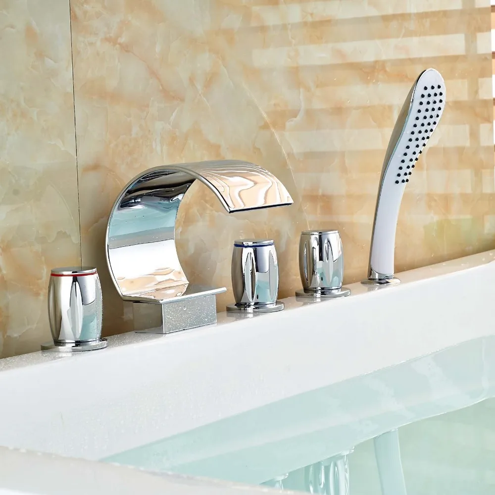 

Deck Mount Roman Tub Faucet Set Three Handles Widespread Bathtub Mixer Water Tap