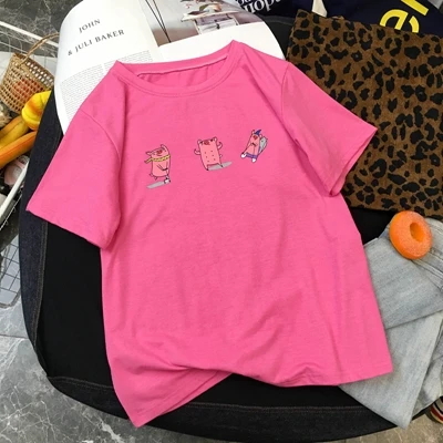 Женские летние футболки, хлопок, Harajuku Kawaii, вышивка, короткий рукав, Ulzzang, уличная одежда, camisetas verano mujer, Kpop Стиль, топы - Цвет: rose