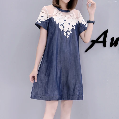 New Lace Patchwork Embroidery Denim Dresses Summer Women Half Sleeves Loose A Line Jeans Dresses Plus Sizes Casual Dresses Robe