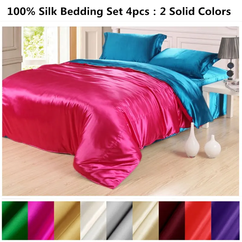 - Silk Bedding Sets 4pcs 2 Sides Solid Colors Different Color Flat Sheet Duvet Cover Pillowcases Many Sizes Multicolor ls180102