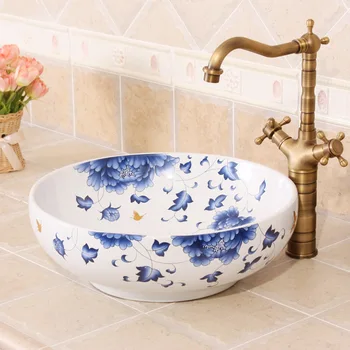 

Blue And White butterfly Painting China Ceramic Art Basin Sink Counter Top Wash Basin Bathroom Sinks single bowl wash basin