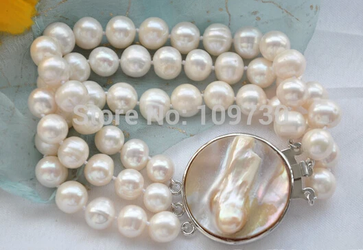 

00729 3row 8" 10mm WHITE ROUND FRESHWATER PEARL BRACELET