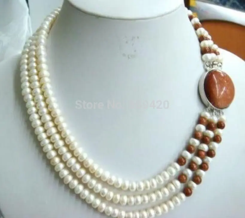 

Charming 3 row Freshwater white pearl chocolate Golden sand stone necklace