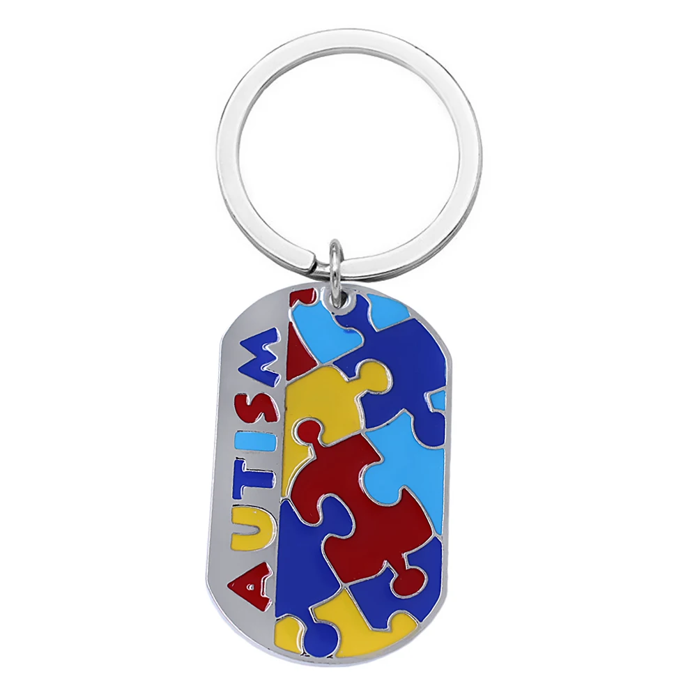 

Fashion colorful autism puzzle label pendant keychain enamel craft metal nameplate long chain key chain
