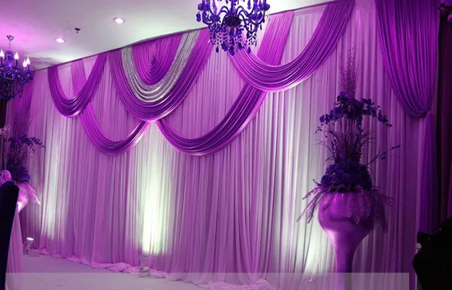 Express Free Shipping Purple Wedding Stage Backdrops Decoration Romantic Voilet Curtain With Swags Sequins