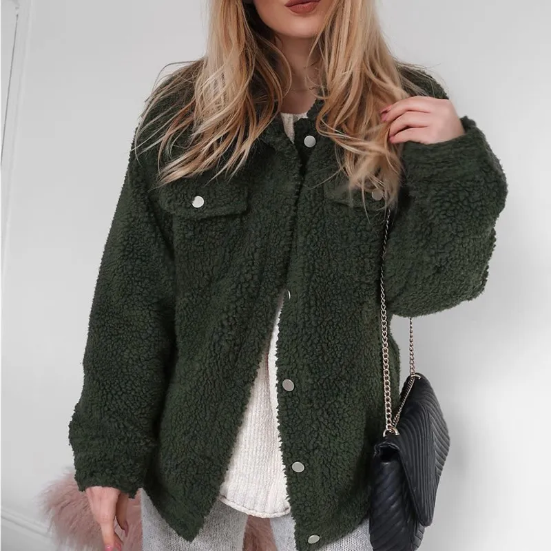 

Female Overcoats Faux Fur Lambswool Button Coats 2018 Trendy Green Warm Hairly Winter Suit Women Autumn Outerwear