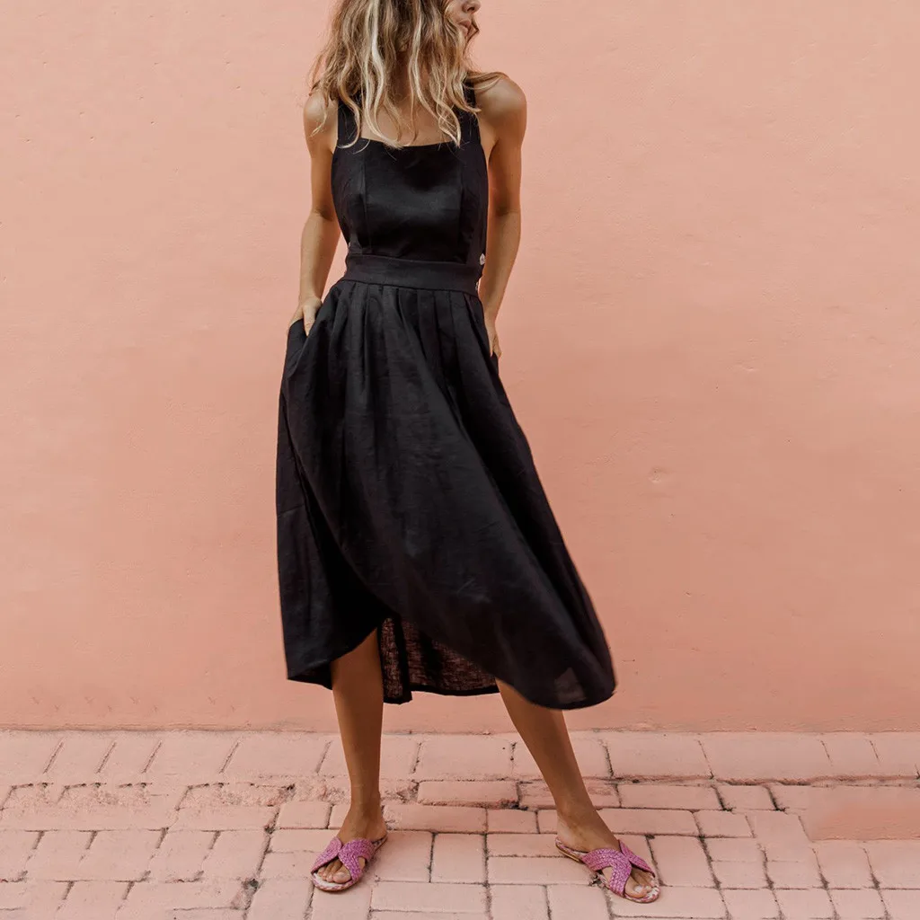 

2019 Fashion Summer Women Maxi Dress Sexy Strap Simple Splicing Button Waist Pleated Solid Color Ladies Dress sukienki damskie