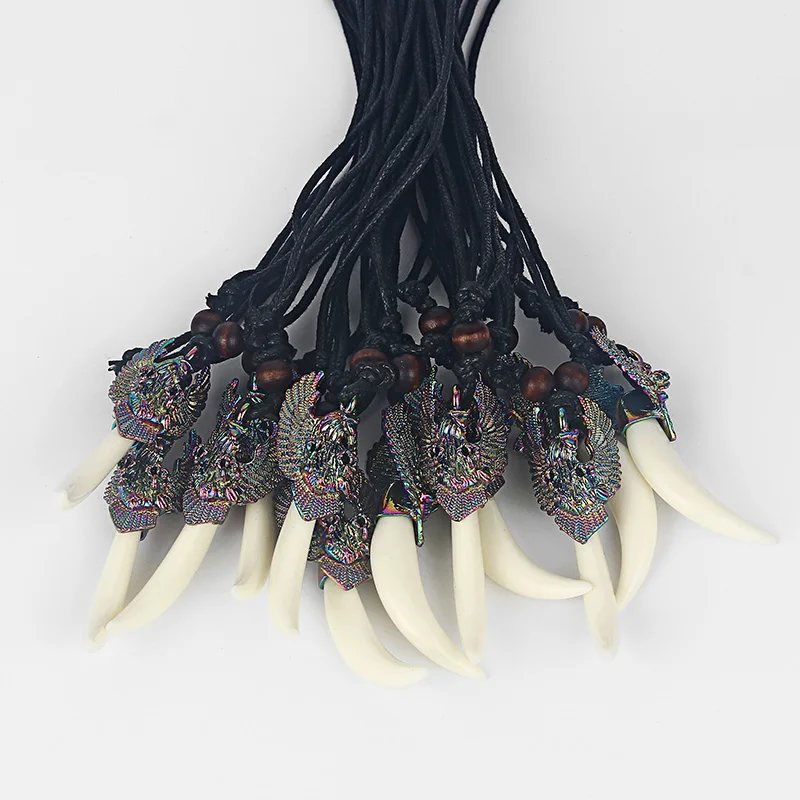 10pcs Wax Cotton Cord Real Natural White Resin Tooth Teeth Pendant With