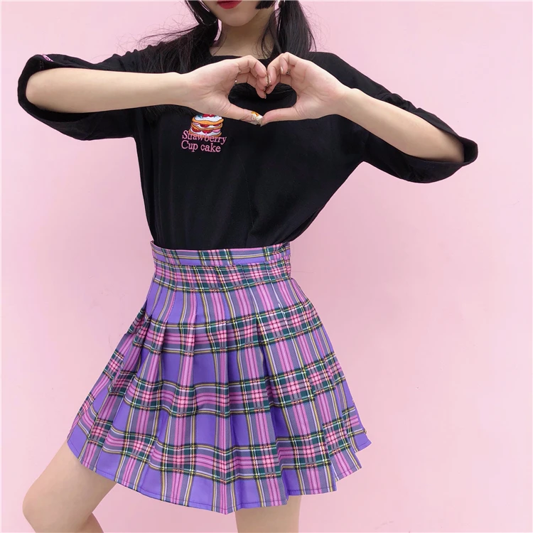 Harajuku фиолетовая клетчатая Высокая талия женские плиссированные юбки Ретро хлопок свободный цвет соответствующие полосатые юбки