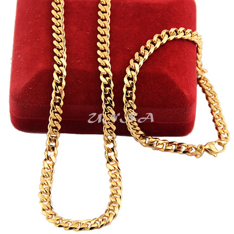 

5mm Wide Gold Stainless Steel Set Jewelry For Man Women Female Gold Tone Curb Necklaces Bracelet Sets