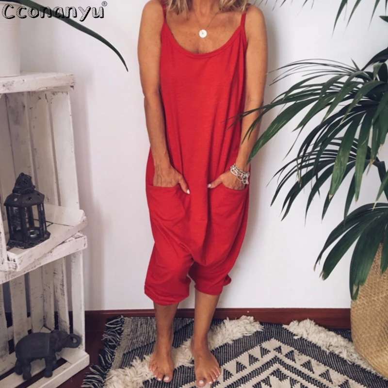 

2019 Summer Solid Loose Straight Jumpsuits Women Sexy Sleeveless Jumpsuits Rompers Casual Strap Pockets Overalls Playsuit