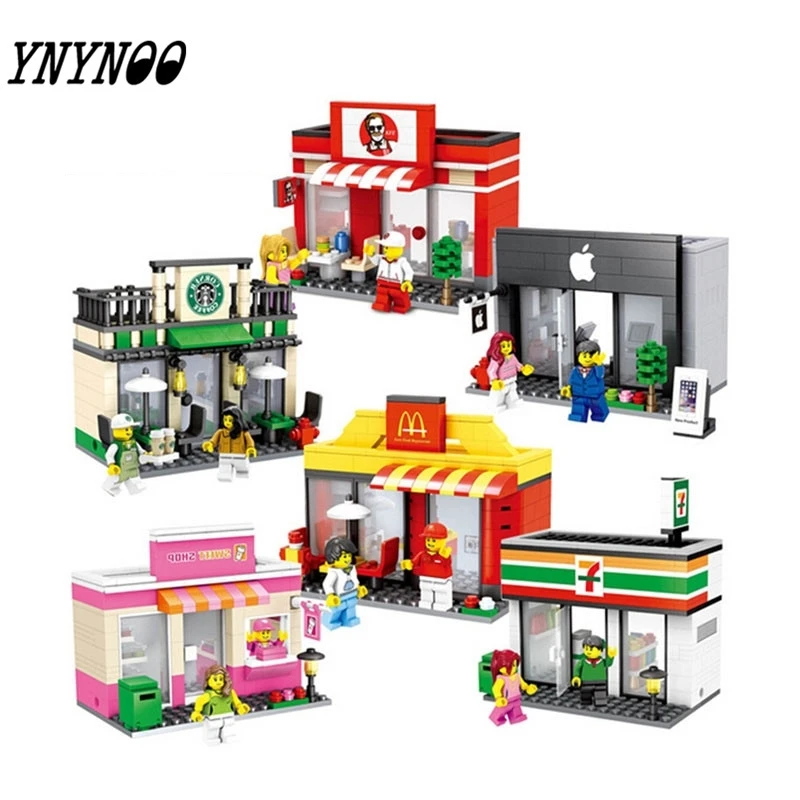 

Mini Street Toy Shop Retail Store 3D Model KFCE McDonald Cafe Apple Miniature Building Block For Kid Compatible With Legoinglys