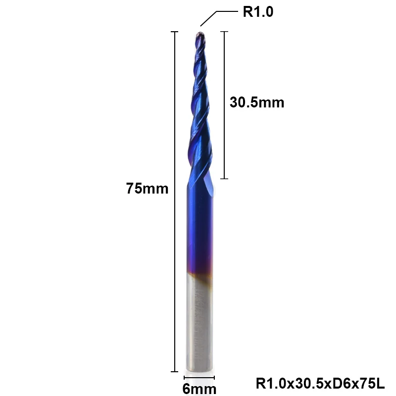 XCAN 1 шт. 6 мм хвостовик R0.25/R0.5/R0.75/R1.0/R1.5/R2.0 коническая сферическая Концевая фреза фрезерный станок с ЧПУ Гравировальный Бит концевой фреза - Длина режущей кромки: R1.0x30.5xD6x75L