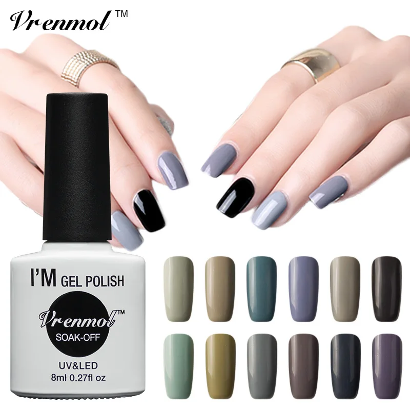 

Vrenmol 8ml 12 Colors Fashion Grey Series Top Base Coat Nail Gel Semi Durable UV Led Gel Soak Off Nail Polish Lacquer