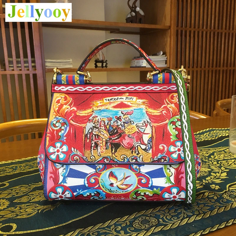 

Italy Sicilian Prince Series Luxury Handbags Genuine Leather Handbag Retro Court Oil Painting Coloring Designer Shoulder Bag Sac