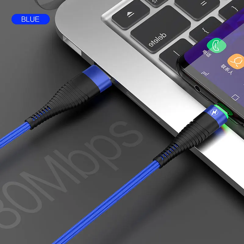 Blue Jellico 3A светодиодный кабель usb type C для samsung Xiaomi QC3.0 провод для быстрой зарядки USB-C зарядное устройство для мобильного телефона usb type-c кабель - Цвет: Blue