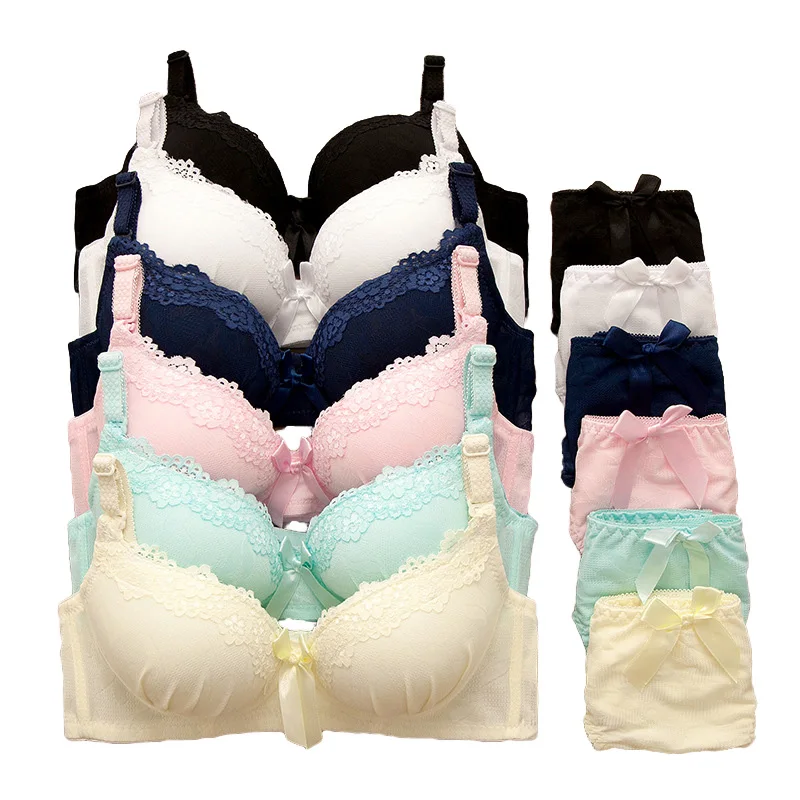 

New Pure Color Lace Detachable Shoulder Strap Girls Lingerie Bra Gathering Adjusted Small Chest Young Girl Underwear Set Student